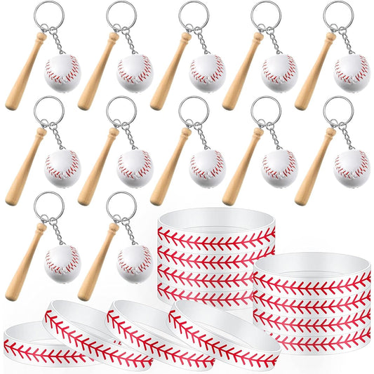 24 Piece Baseball Party Supplies Set, 12 Baseball Silicone Bracelets, Baseball Wristbands, 12 Baseball Keychains, Birthday Party School Party Favors