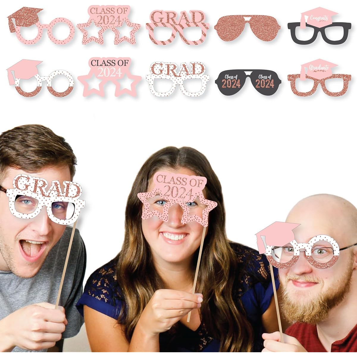 Big Dot of Happiness Rose Gold Graduation Glasses - 2019 Paper Cardstock Graduation Party Photo Booth Props Kit - 10 Count
