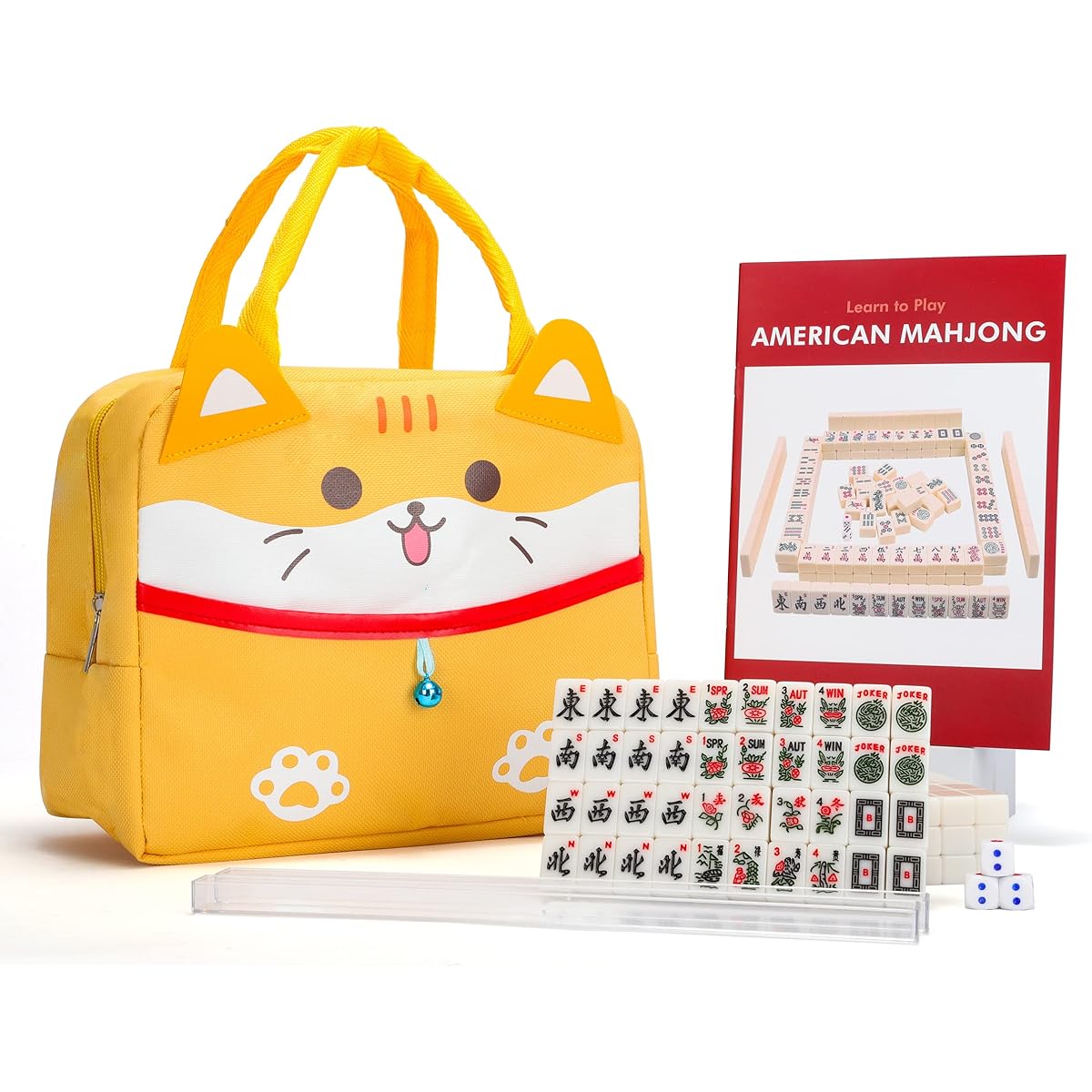 drizzle Travel Mini American Mahjong Set - 166 White Tiles, 0.8" Jokers, White Melamine - Includes Rack, Pusher and Instructions, Cat