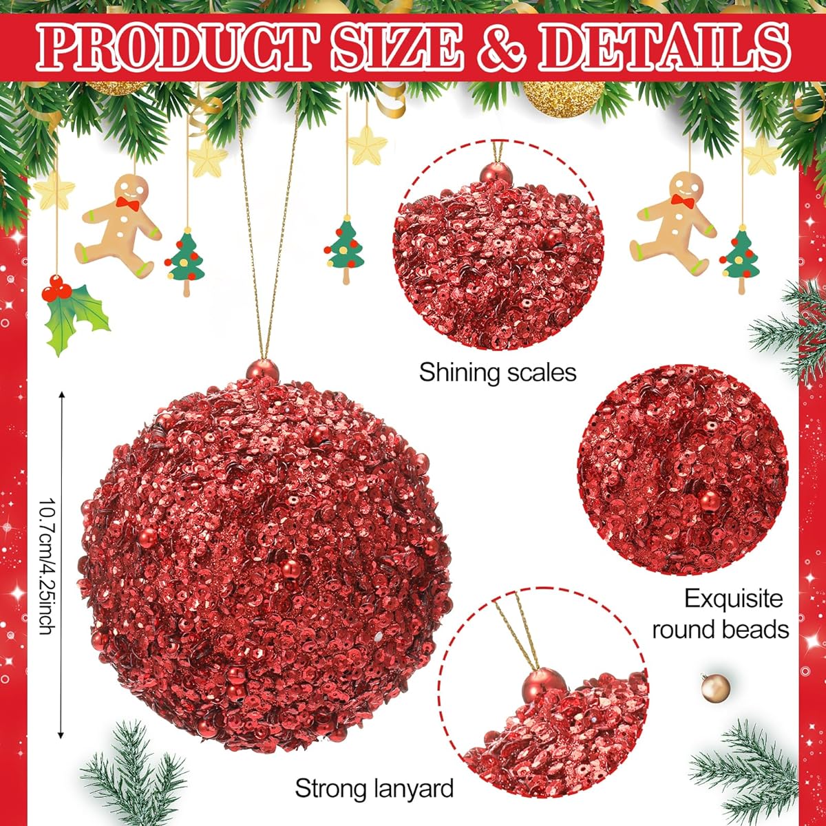 Syhood Set of 16 4.25" Large Christmas Ball Ornaments Christmas Tree Ornaments Sparkly Sequins Foam Ornaments Festival Hanging Christmas Decorations Tree Balls for Christmas Party (Red)