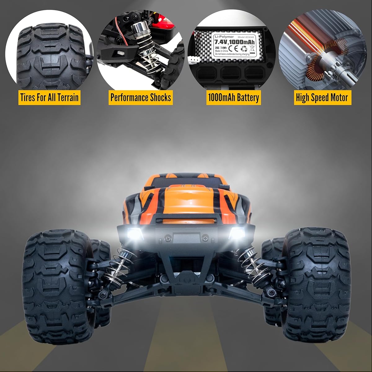 wiproso 1/16 Scale Electric 4WD Race Truck with 16889 LED Headlight 2.4GHz RC Car with Lithium Polymer Battery and Remote Control (Orange)