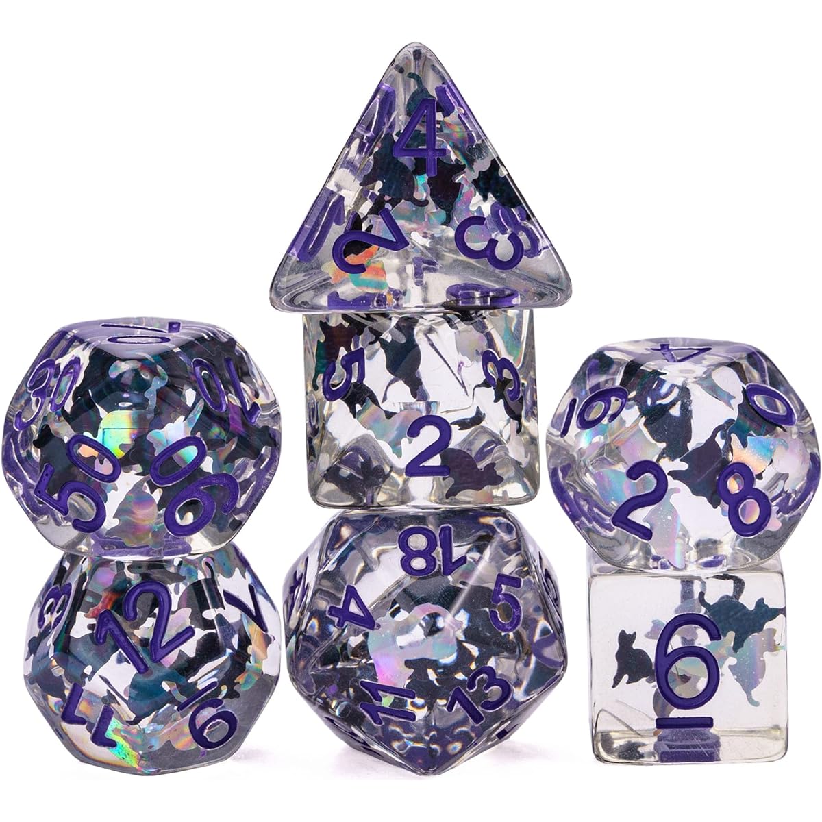 Cusdie 7 Dice DND Dice Polyhedral Dice Set Clear D&D Dice with Glitter Foil Animals for D&D Dungeons and Dragons RPG Role Playing Table Game (Black and White Cats)