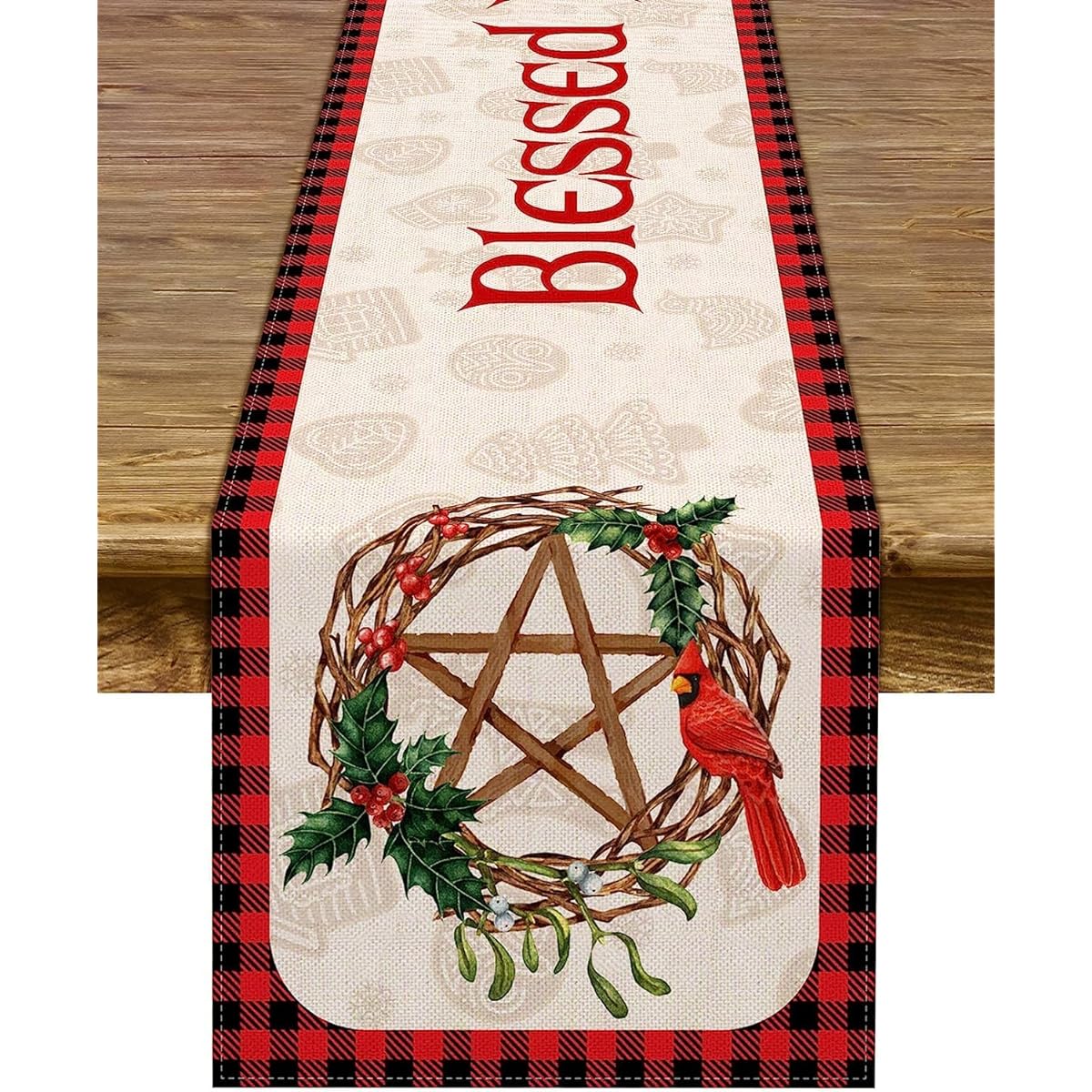Blessed Yule Table Runner Buffalo Plaid Check Pagan Solstice Holiday Fireplace Kitchen Dining Home Decor (13" x 108")