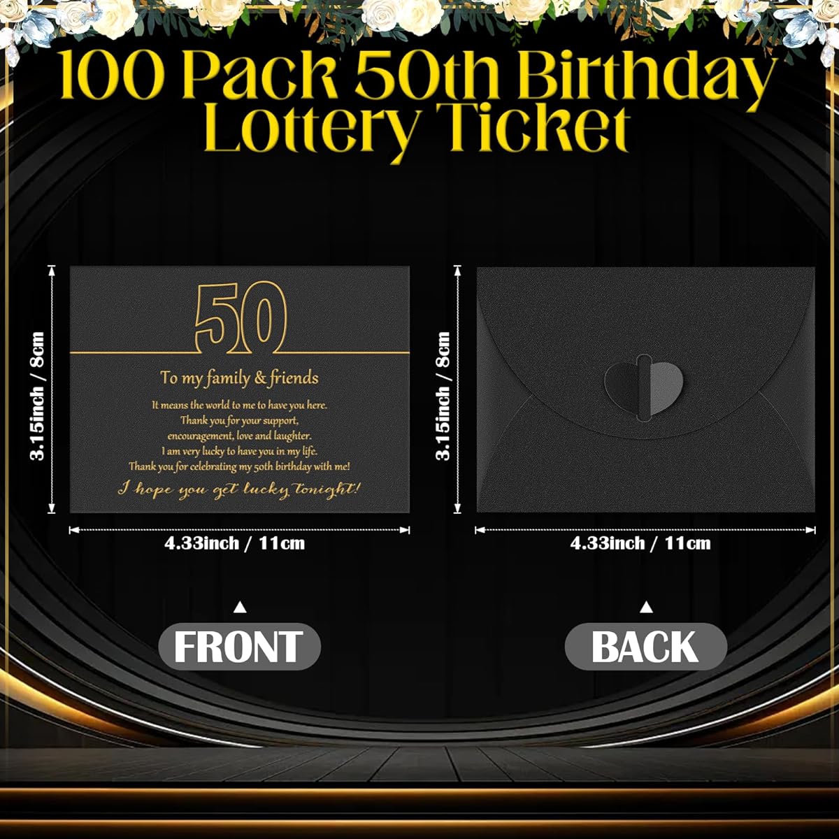 Sayglossy 50th Birthday Favors for Guests Lottery Ticket Gift Ideas - 100 Ticket Ticket Holders, Cheers to 50, Gift Envelopes with Heart Clasps and Thank You Messages, 4.3x3.15 Inches