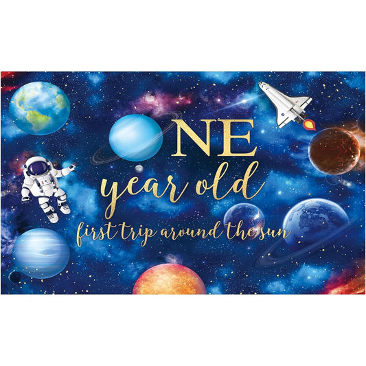 Allenjoy 84" x 59" Blue Space Theme 1st Birthday Backdrop for Kids Boys Avoid the Sun Planets Galaxy Starry Sky Rocket Ship Astronaut Party Supplies Decorations Banner Background