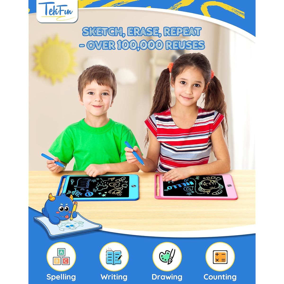 TEKFUN 12" LCD Writing Tablet, Mess-Free Drawing Pad, Coloring Doodle Board, Toddler Kids Birthday Gift for Ages 3, 4, 5, 6, 7, 8, Boys and Girls