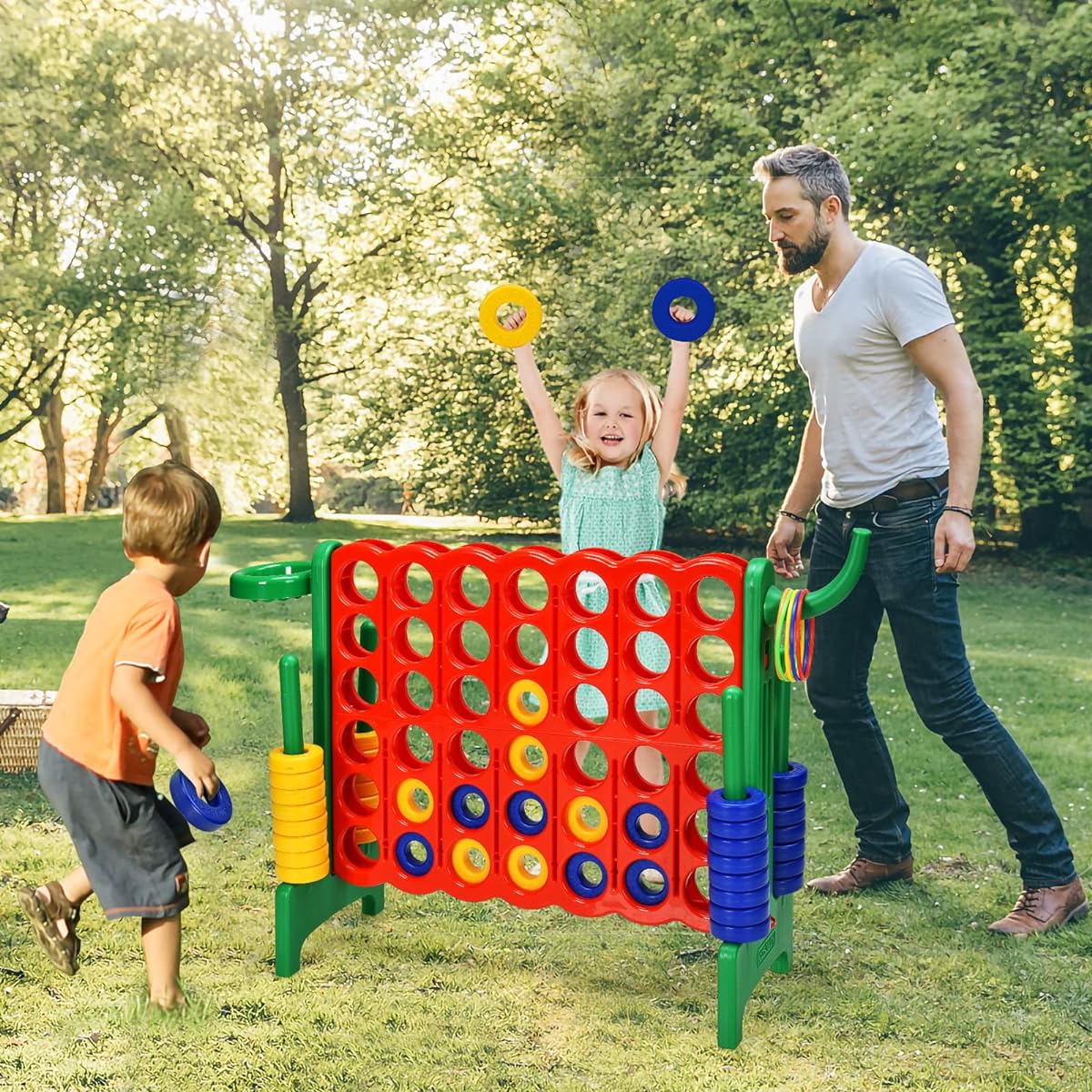 HONEY JOY Jumbo 4-Score Giant Game Set, 3-in-1 Indoor Outdoor Family Yard Game Set, Basketball Hoop & Ring Toss, 42 Jumbo Rings, Quick Release Riders, Huge 4"-A-Row for Kids & Adults (Green)
