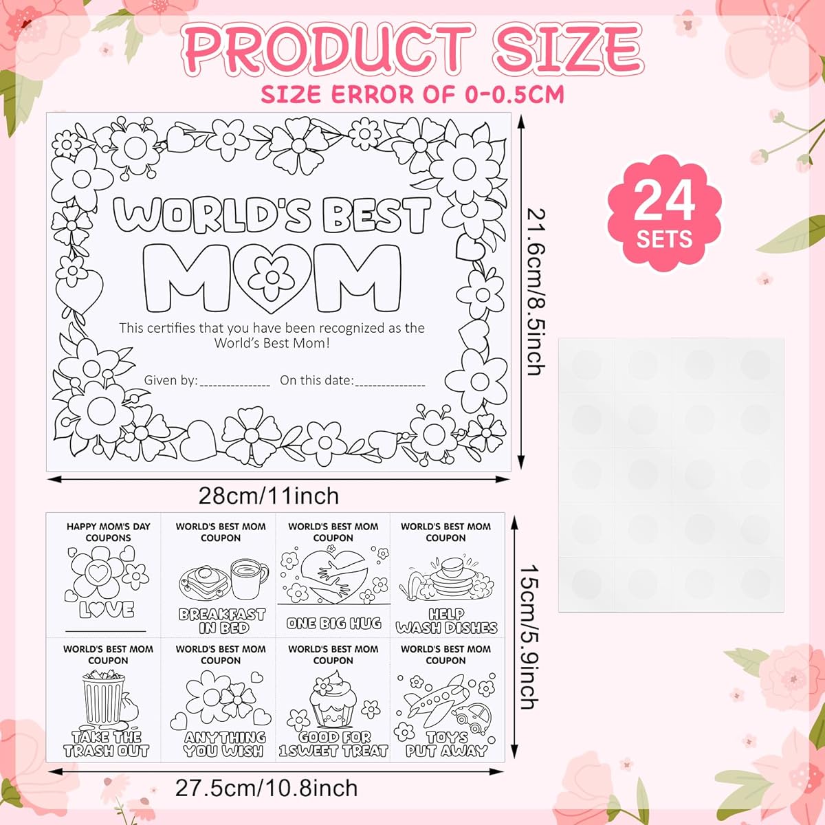 Dunzoom 24 Sets Color Your Own World's Best Mom Certificate Award and Mother's Day Coupon Cards Kids DIY Craft Kit Gifts Anniversary Cards Mother's Day Birthday Gifts Home Activities