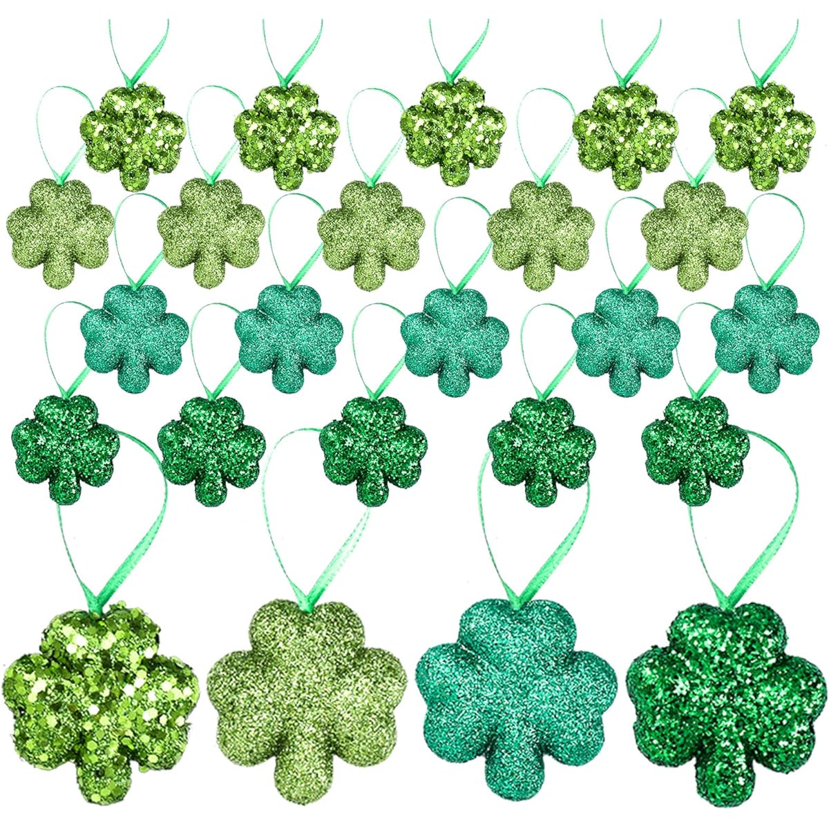 Whaline 32pcs St. Patrick's Day Ornaments Mini Glitter Shamrock Lucky Clover Hanging Bauble Trefoil Pendant Holiday Home Tree Table Shelf Window Door Festival Decoration