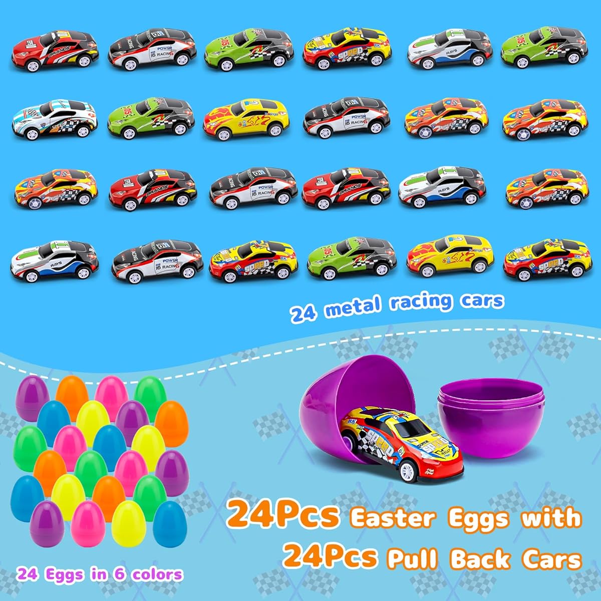 Pack of 24 Easter eggs with pullback cars