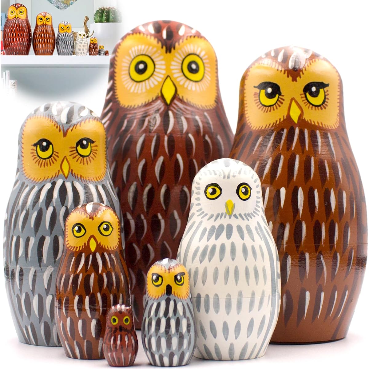 AEVVV Owl Nesting Dolls Set of 7 - Owl Figurine and Matryoshka - Nesting Owl Dolls - Owl Gifts for Owl Lovers - Home Owl Decor - Owl Decor