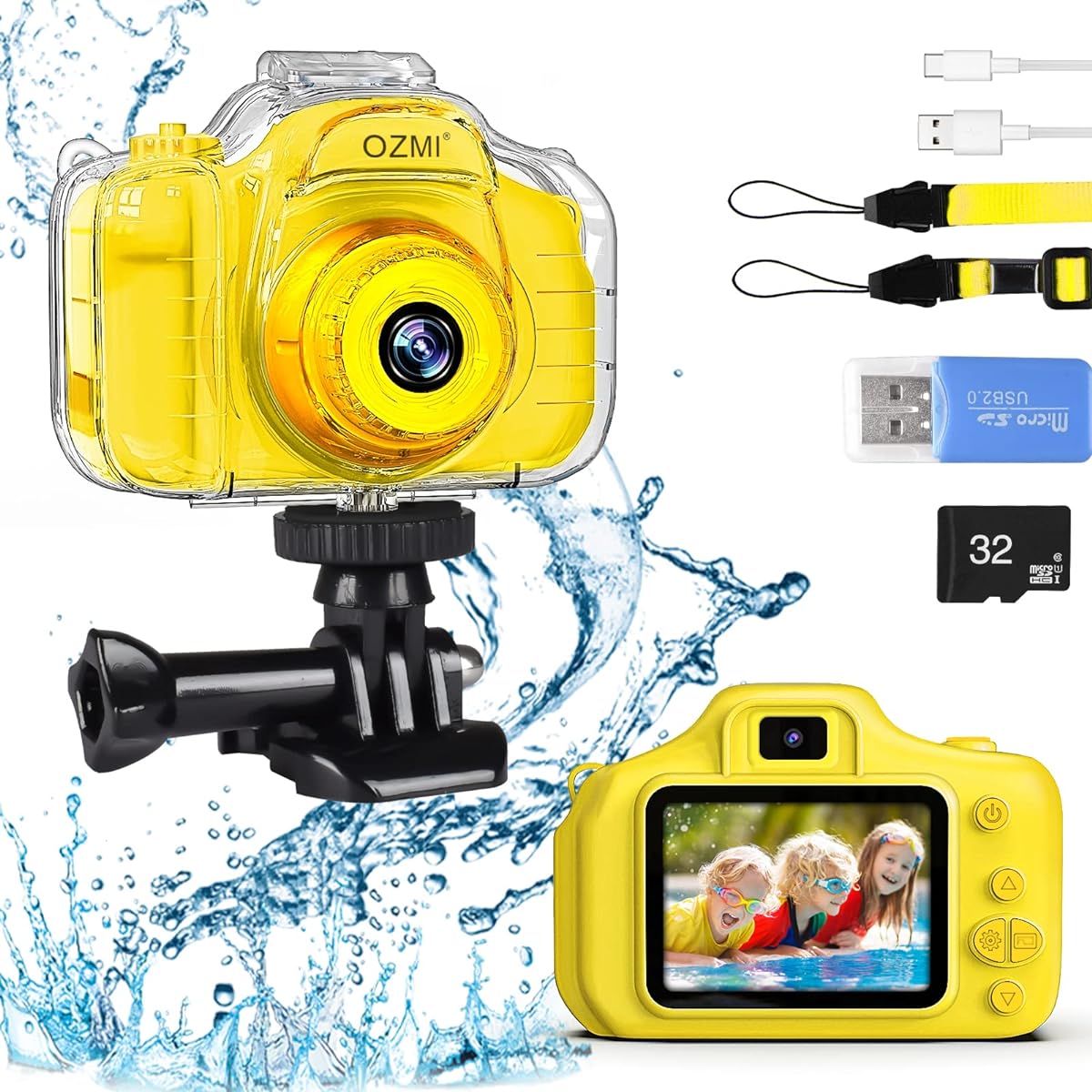 OZMI Gift for 3 4 5 6 7 8 9 Year Old Girls Boys Kids Selfie Underwater Waterproof Camera Christmas Birthday Gift for Toddlers with 32GB SD Card Yellow