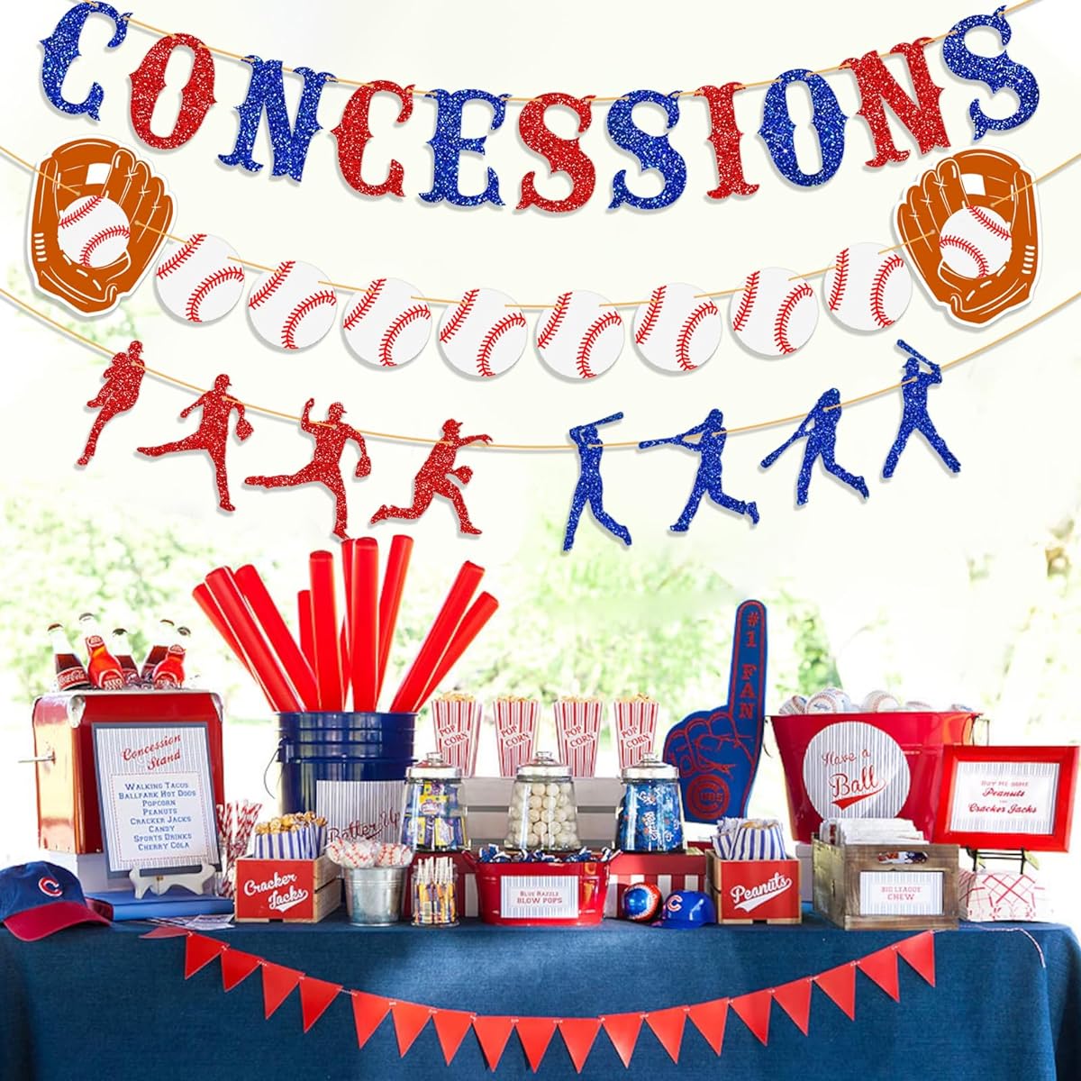 Ushinemi Baseball Birthday Banner, 3 Piece Glitter Concession Banner, Silhouette Garland, Paper Baseball Garland, Sports Theme Party Supplies