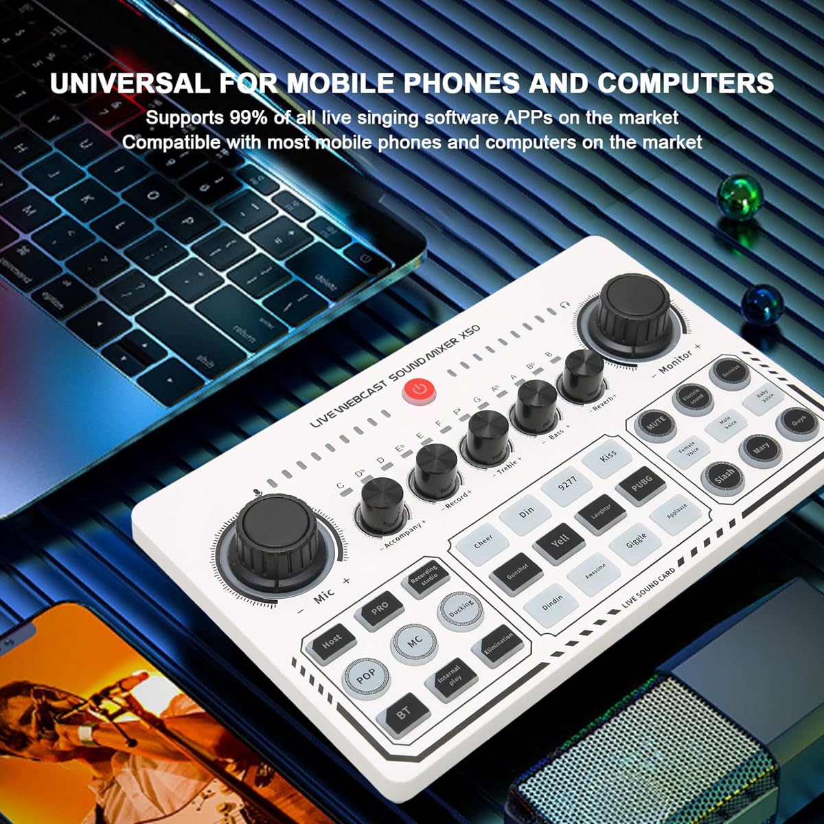 Professional Audio Mixer Podcast Equipment Bundle USB External Sound Card with 12 Warm-up Sound Effects Live Sound Card Audio Interface for Live Streaming Podcast Recording