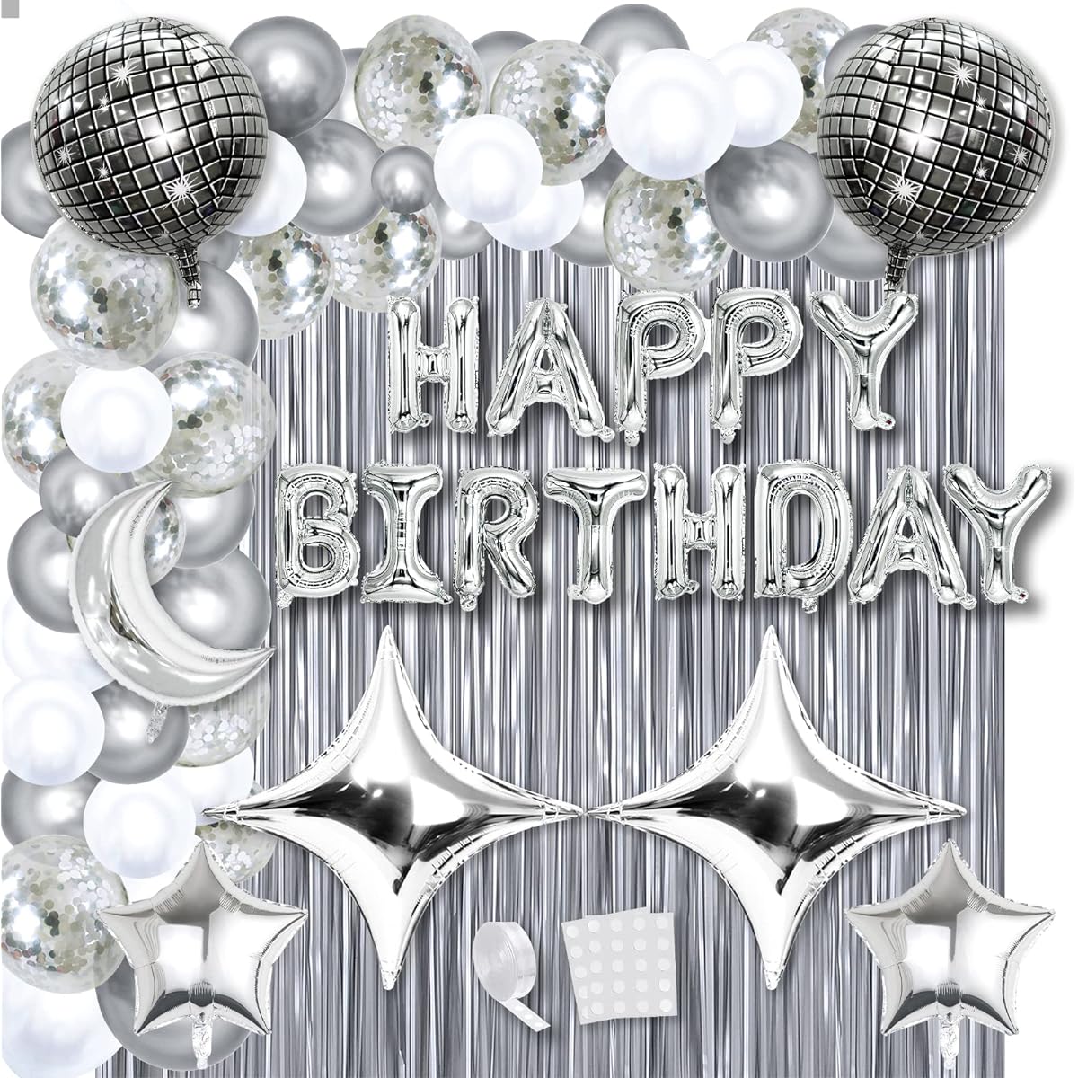 Refavor Disco Party Decorations - 87 Pieces Disco Happy Birthday Party Decorations Silver Backdrop Disco Birthday Balloons Ball Decoration 60s 70s 80s Cool Retro Silver Birthday Decorations for Women Men