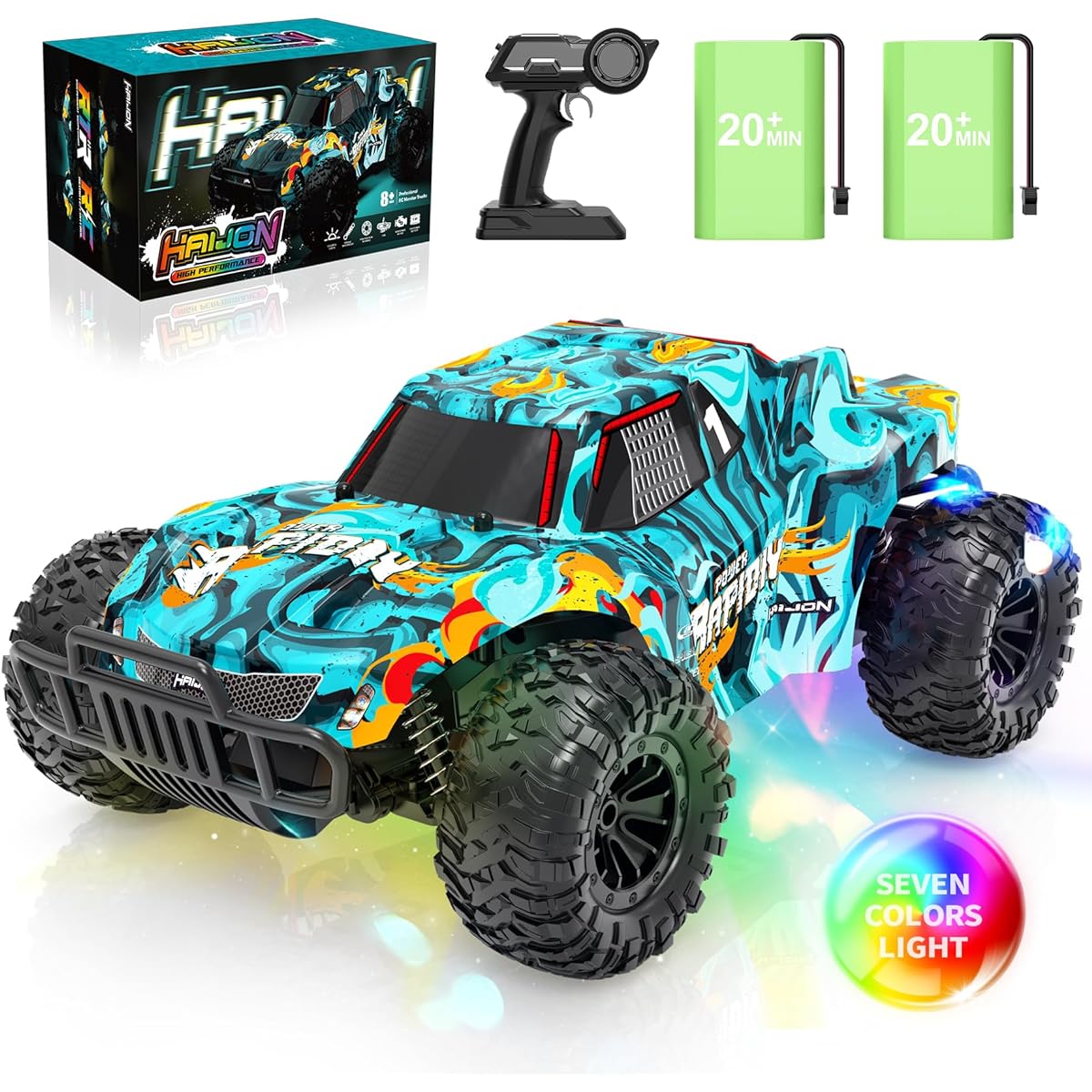 Haijon 1:16 Remote Control Car with Lights, 4 LED Light Modes, 2WD High Speed Off-Road Toys Radio RC Car Truck for Boys Girls Kids Adults, 2 Batteries, 40+ Min Play