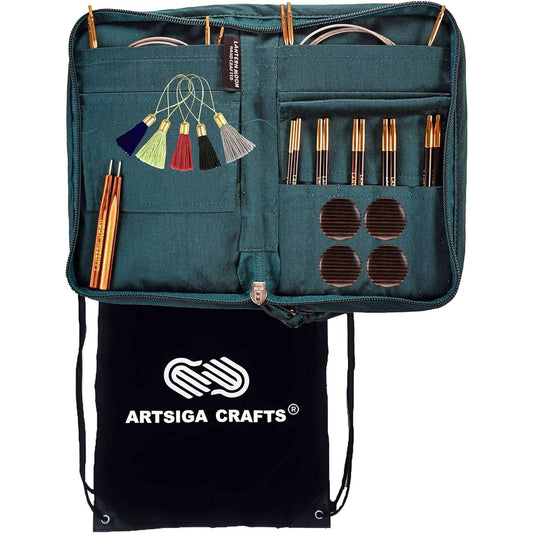 Lantern Moon Legacy 5" 5 Pairs Interchangeable Circular Knitting Needles Set Handmade Ebony Sizes US 3, 5, 6, 7, 8, Includes Silk Case, 2 Cords, 4 End Caps, 5 Markers Bundle, 1 Artsiga Craft Bag