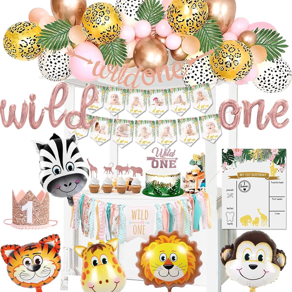 GREPARPY Wild One Birthday Decorations for Girls Jungle Theme First Birthday Party Supplies Balloon Garland Photo Banner Highchair Banner Crown Topper Milestone Signs Safari 1st Birthday Decorations