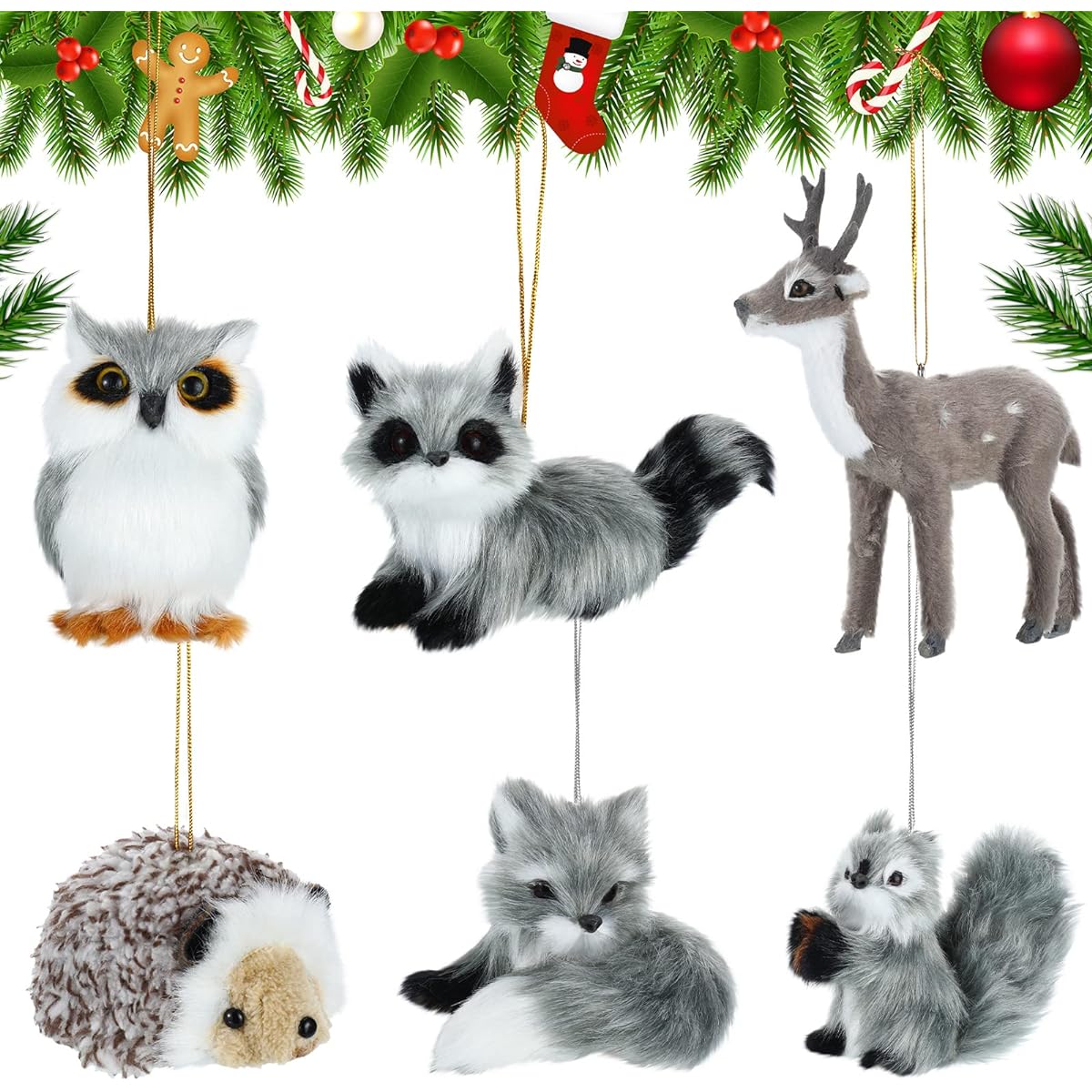 Skylety 6 Pieces Plush Animal Ornaments Faux Fur Animal Hanging Ornaments Christmas Felt Pendants Rustic Forest Owl Squirrel Raccoon Deer Hedgehog for Christmas Tree Keychain Backpack Decor