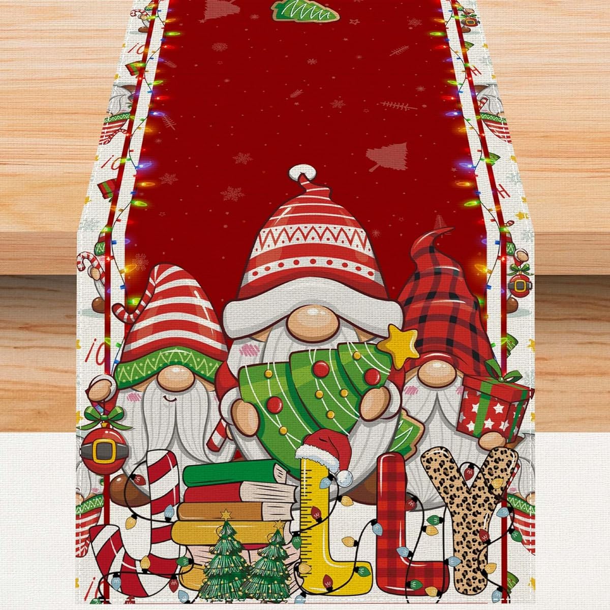 Linen Red Gnome Christmas Table Runner 72" Long Gnome Christmas Decor Farmhouse Scandinavian Christmas Xmas Holiday Winter Home Kitchen Table Decorations