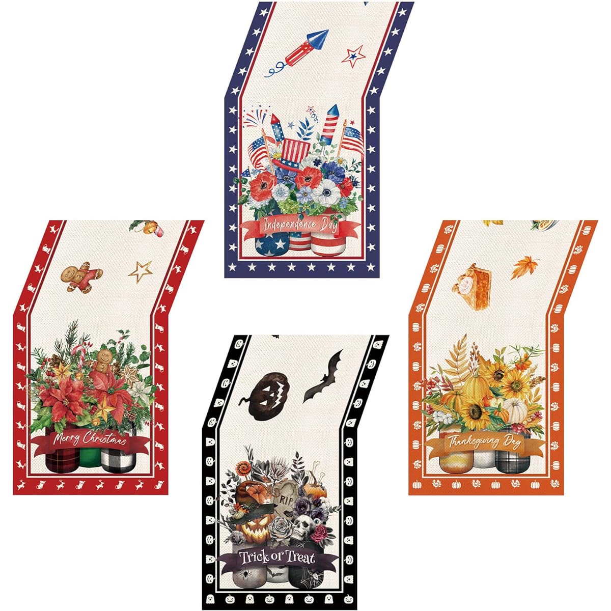 4 Pieces Glass Mason Jar Seasonal Table Runner Independence Day Thanksgiving Happy Halloween Merry Christmas Table Runner Seasonal Holiday Kitchen Dining Table Decoration 13 x 72 Inch