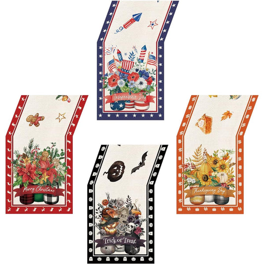 4 Pieces Glass Mason Jar Seasonal Table Runner Independence Day Thanksgiving Happy Halloween Merry Christmas Table Runner Seasonal Holiday Kitchen Dining Table Decoration 13 x 72 Inch