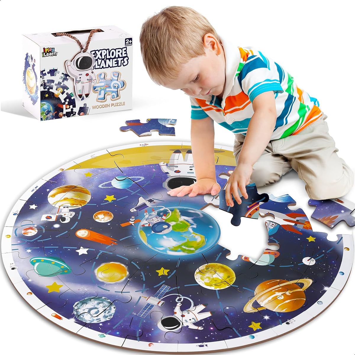 iPlay, iLearn Kids Puzzles Ages 4-8 Wooden Solar System Floor Puzzle Ages 3-5 Large Round Space Planets Jigsaw Puzzle Toy Educational Learning Gifts for 6-7-8 Years Toddlers Boys Girls Kids