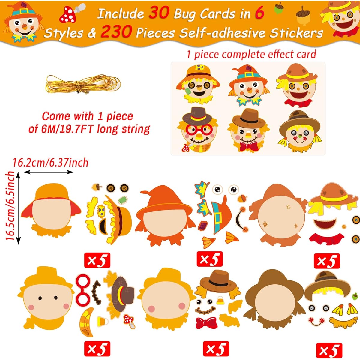 chiazllta 30 Piece Thanksgiving Craft Kit DIY Scarecrow Craft for Kindergarten Kids Fall Art Craft Scarecrow Headset Home Class Game Activities for Preschoolers