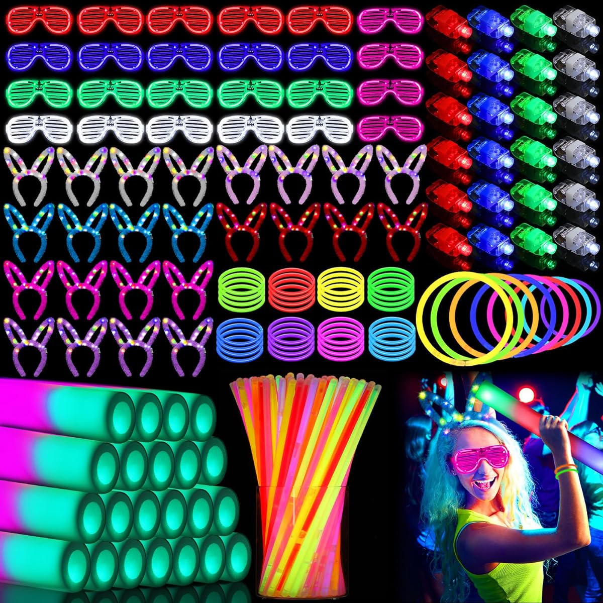 Ceenna Glow in the Dark Party Supplies - 196pcs Glow Sticks, 100pcs 16" Foam Glow Sticks, 24pcs Bunny Ear Headbands, 24pcs LED Glasses, 24pcs Finger Lights, Neon Light Up for Halloween, Birthday, Disco Party