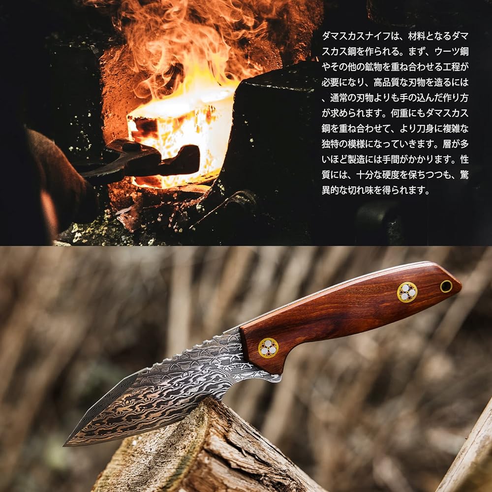 SWISS+TECH Knife Damascus Knife Sheath Knife 64 Layer Damascus Steel Forged Keranji Wooden Handle Wood Chopping Fishing Climbing Camping Survival Outdoor Knife Comes with Dedicated Sheath