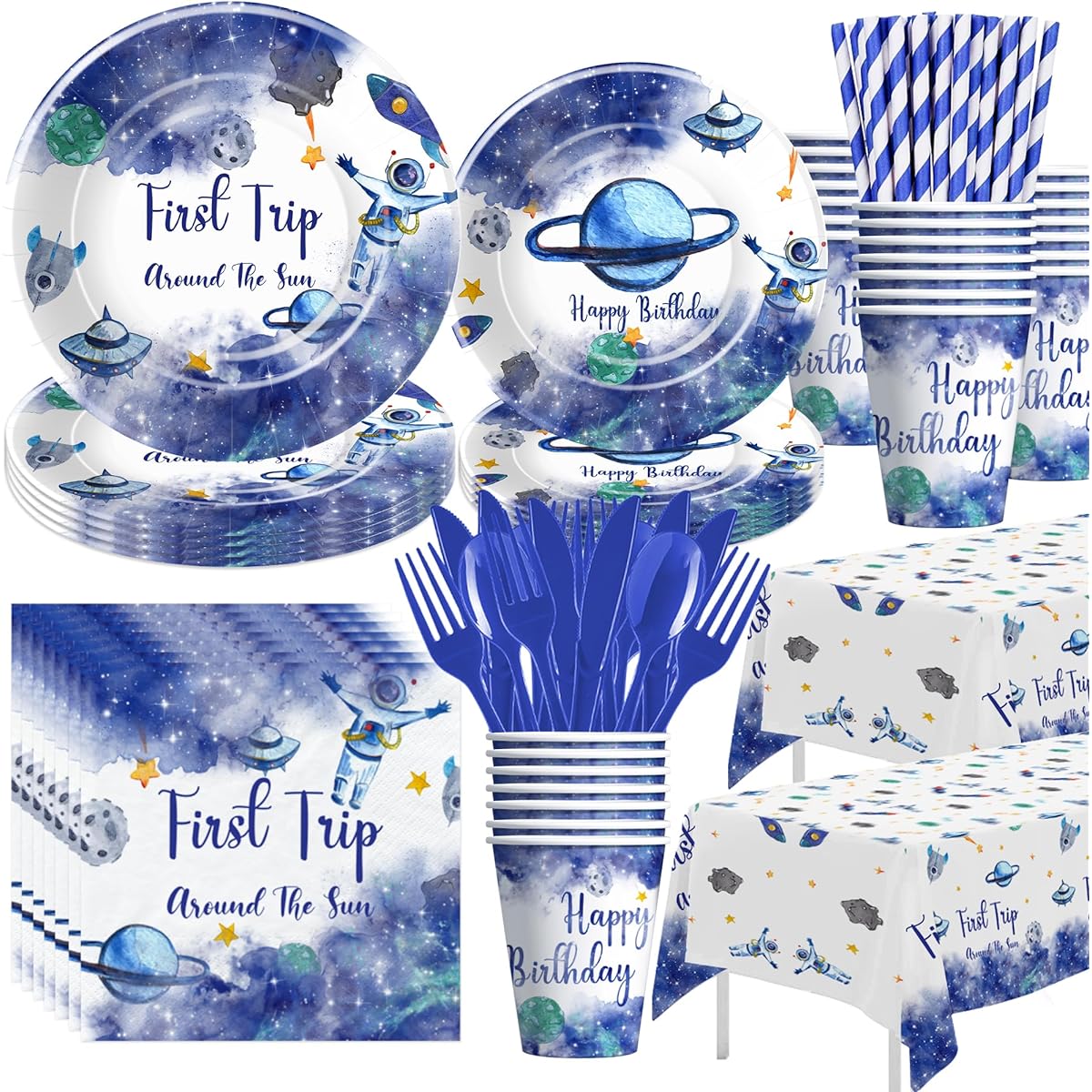 HIPVVILD Space Theme Party Supplies First Around the Sun Birthday Decorations Tableware - Plates Cups Napkins Tablecloth Cutlery Straws Space 1st Birthday Party Decorations | Serves 24