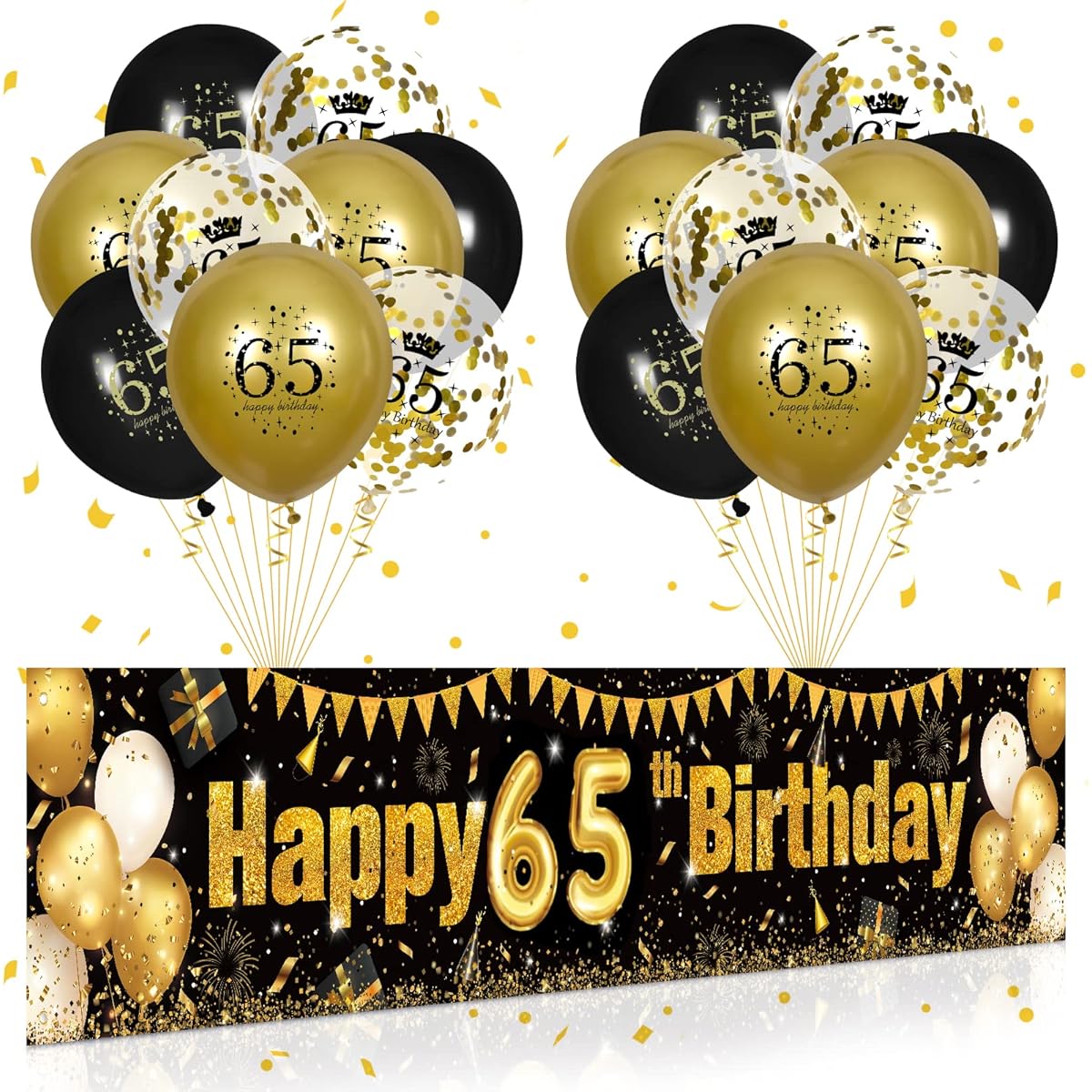 Black Gold 65th Birthday Decorations for Men Women Black & Gold Birthday Yard Banner Sign with 18 65th Birthday Balloons, 65th Anniversary Birthday Party Supplies, Outdoor Yard Decor