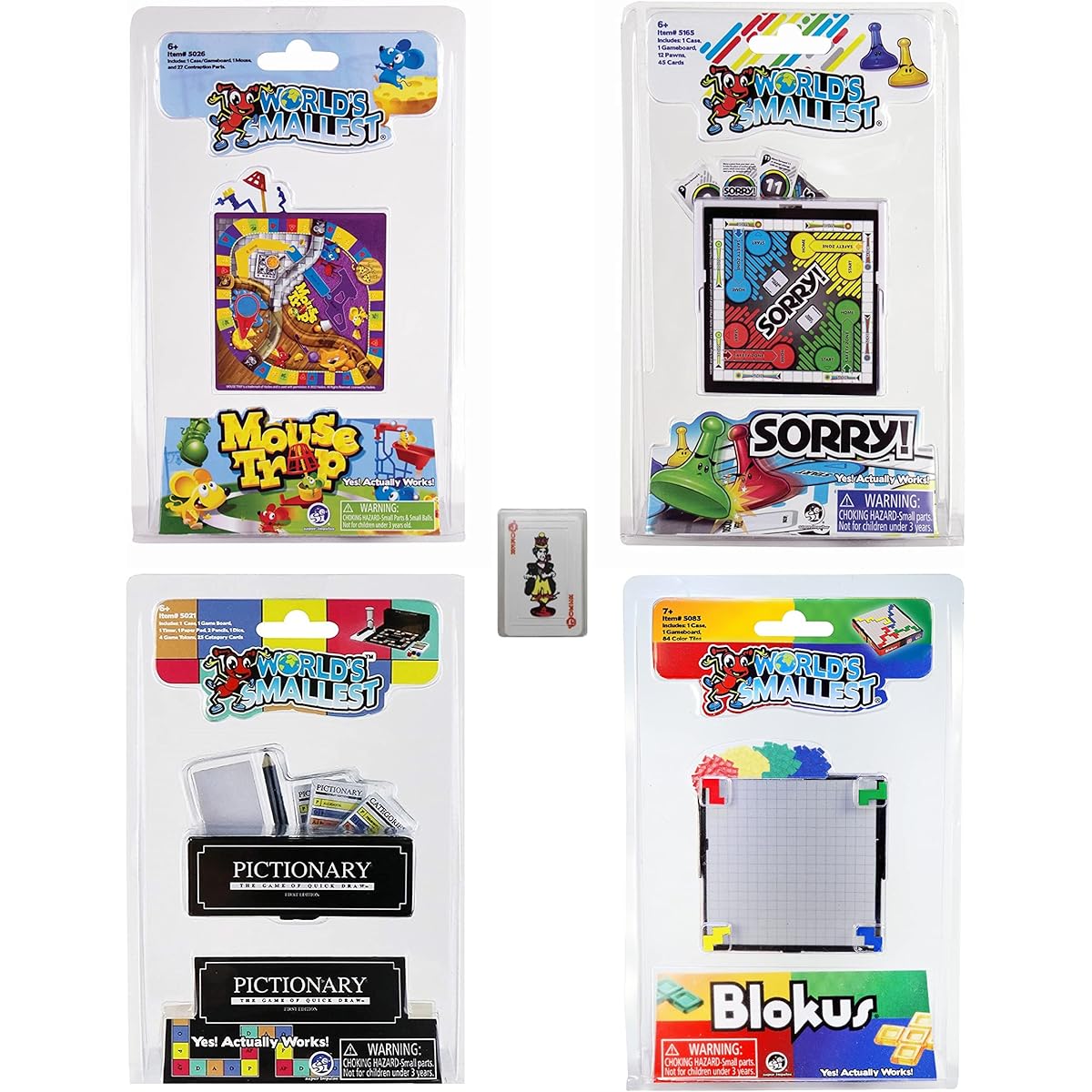 Worlds Smallest Classic Games - Mousetrap - Sorry - Blokus - Pictionary - Miniature Playing Cards - Set Gift Set 5 Game Set
