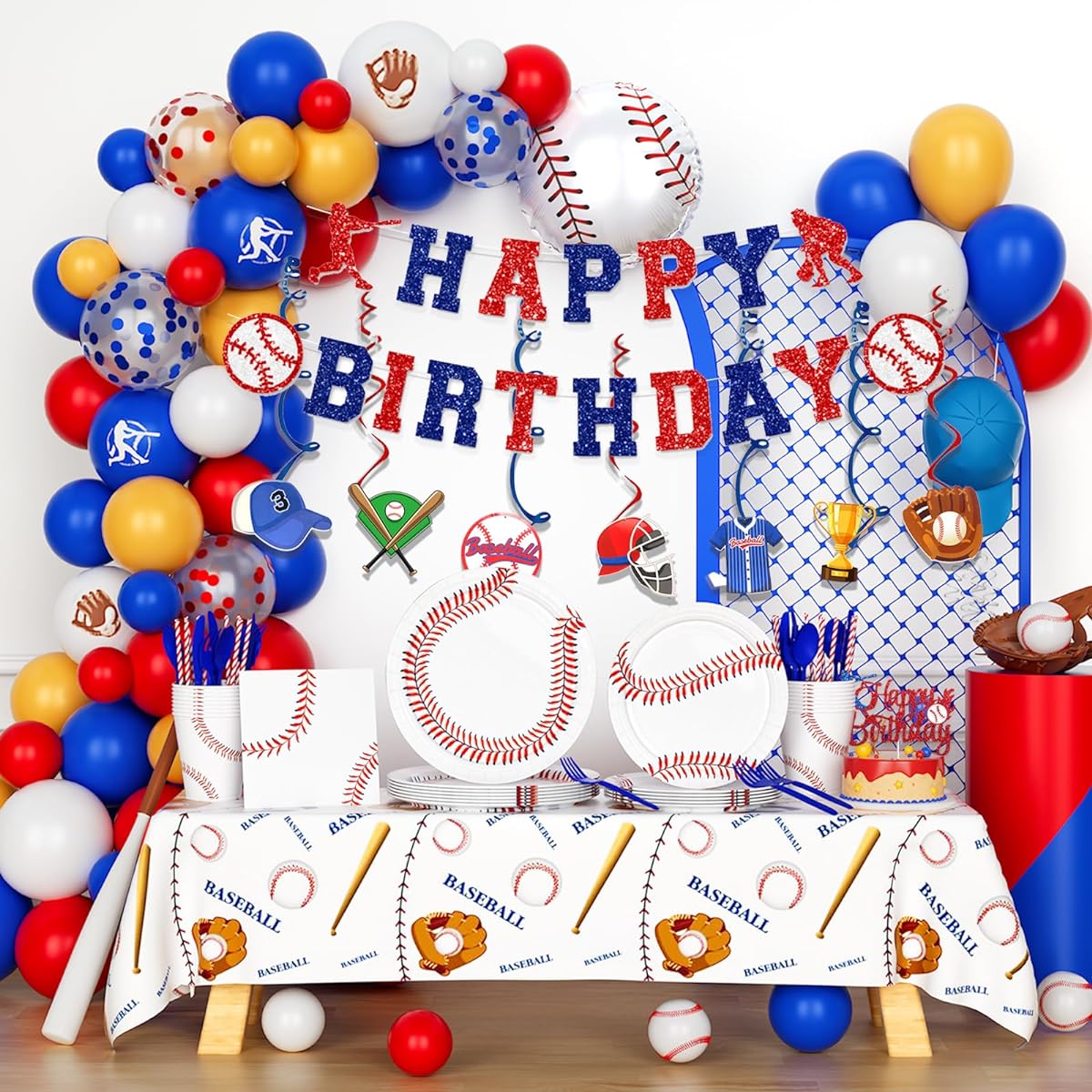 Hombae Baseball Birthday Party Supplies 233 Pieces Baseball Sports Theme Party Supplies Birthday Decorations Hanging Swirl Balloon Garland Tablecloth Cake Topper Plates Cups Napkins Straws Knife Fork