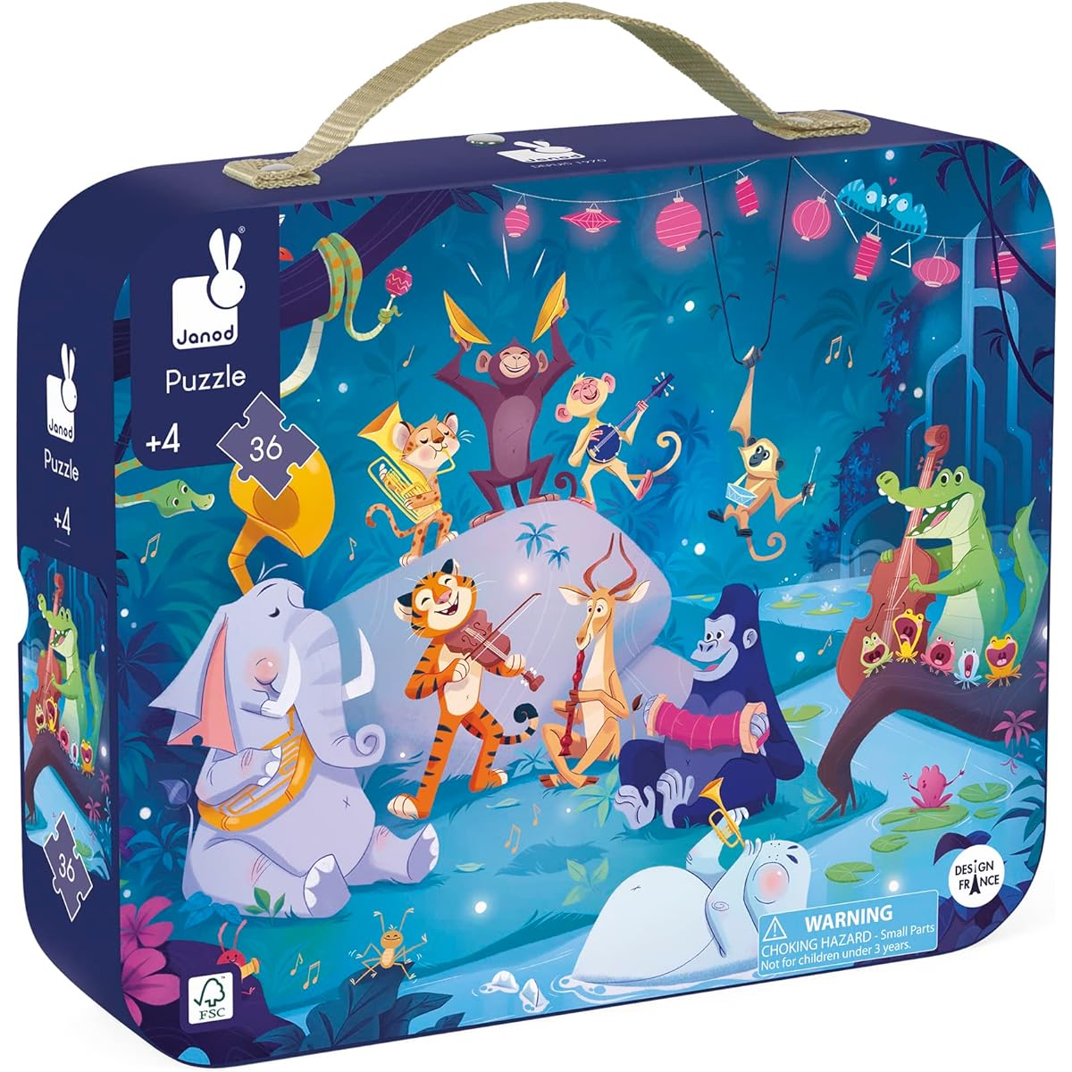 Janod 36 Piece Jigsaw Puzzle for Kids - Summer Festival - Gift Carry Case with Fabric Handles - Whimsical Jungle Concert - Ages 4-8 - J02539