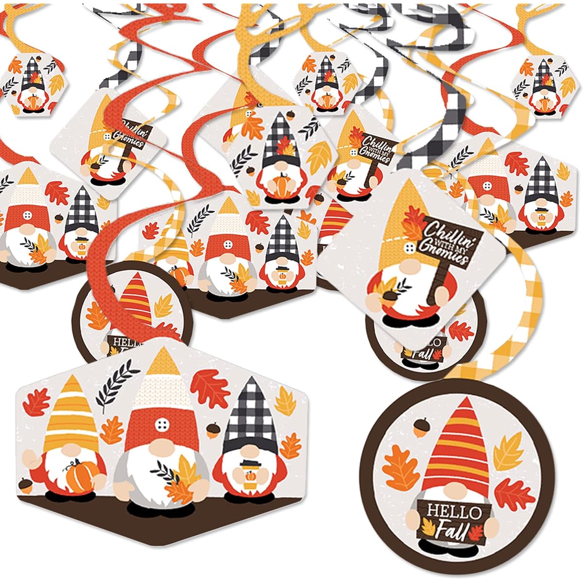 Big Dot of Happiness Fall Gnomes, Fall Harvest Party Hanging Decorations, Party Decor Swirls, Set of 40