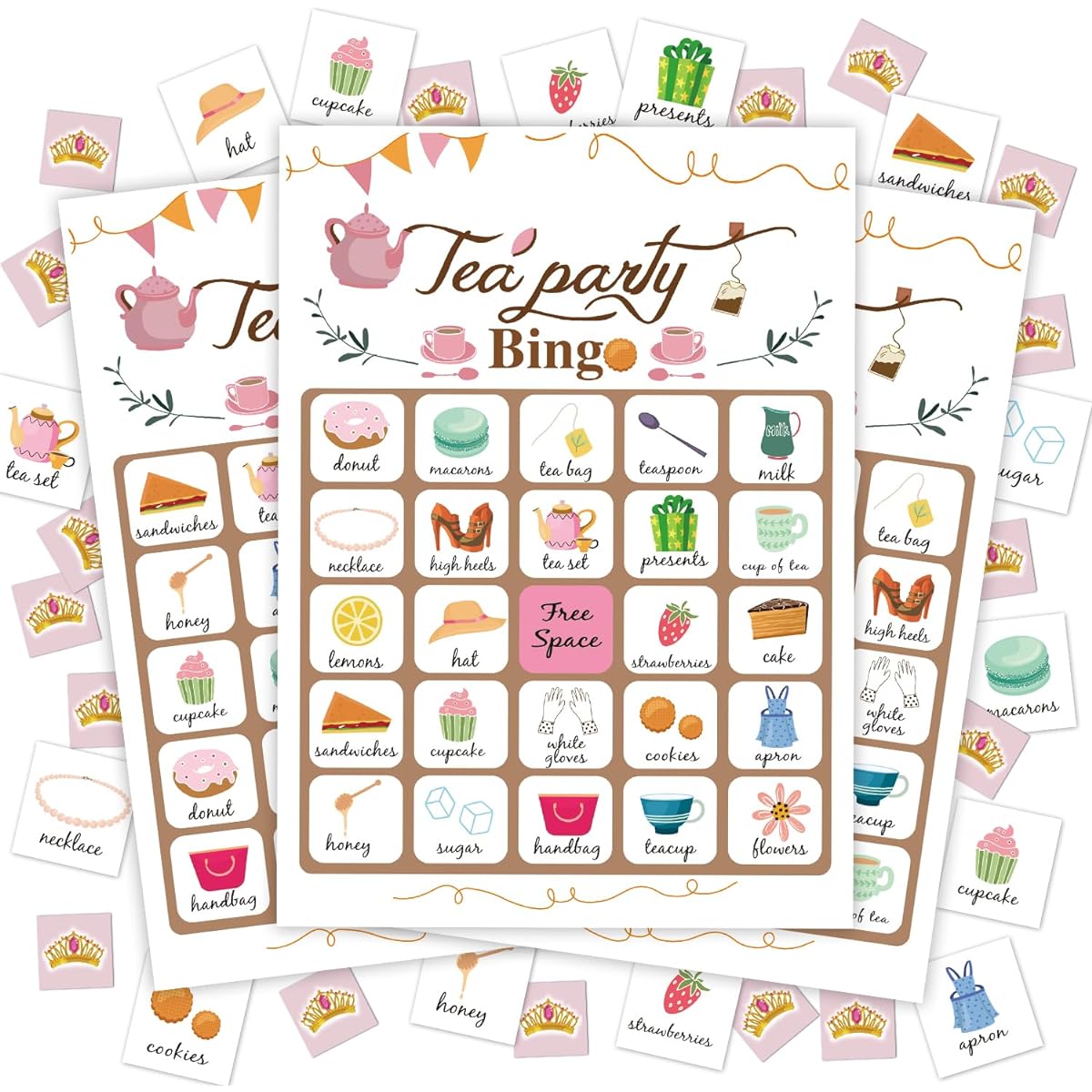 TDETO Tea Party Bingo Game, Tea Party Bingo Cards for Bridal Shower Party, Wedding, Engagement, Birthday Party, 24 People, Tea Party Favors Supplies, Yard, Family, School Activity Decorations - 01