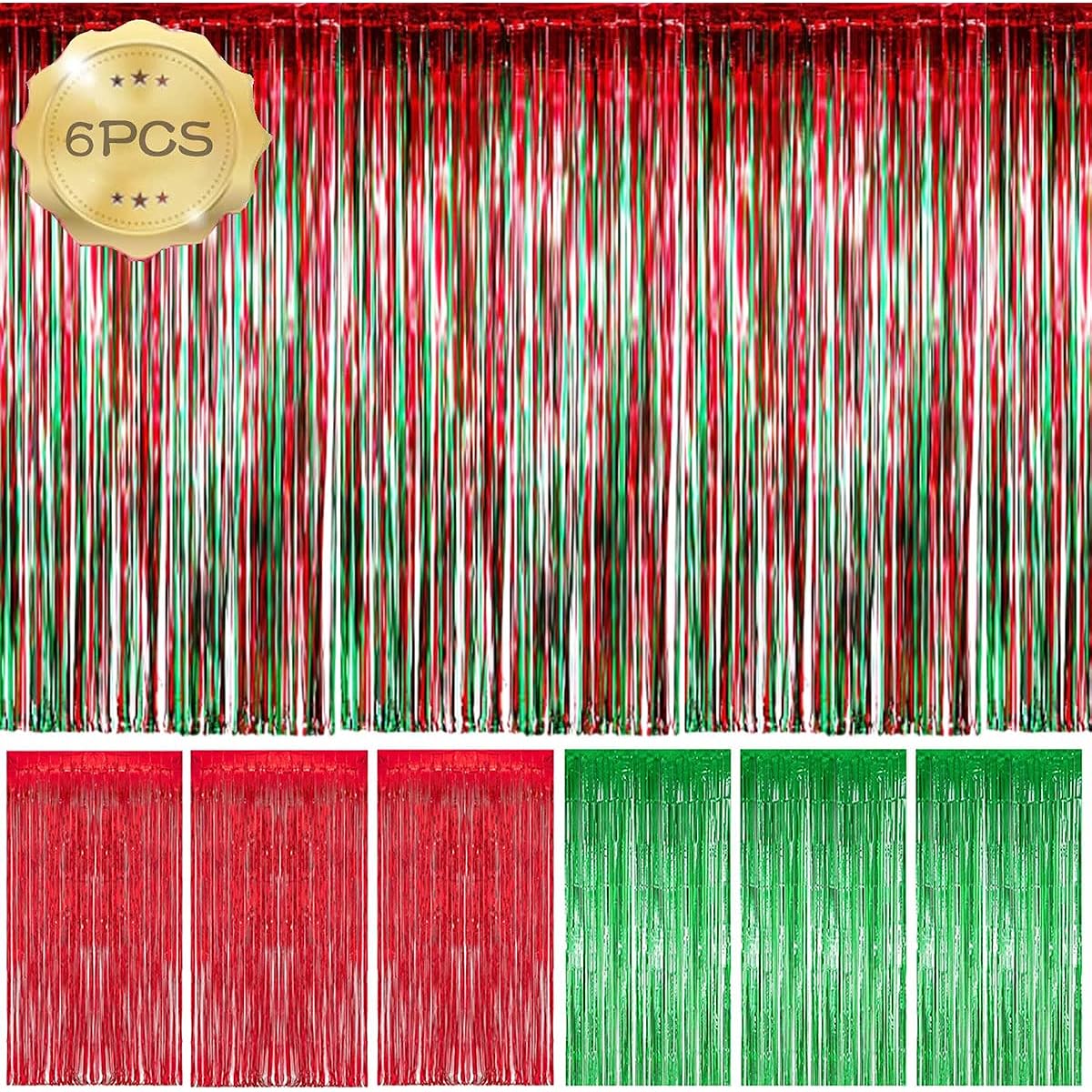 Christmas Decoration Backdrop 6 Pack 3.3 x 8.2ft Foil Fringe Curtain Christmas Party Decoration Red & Green Metallic Shimmer Curtain Photo Prop Backdrop for Birthday and Christmas Party
