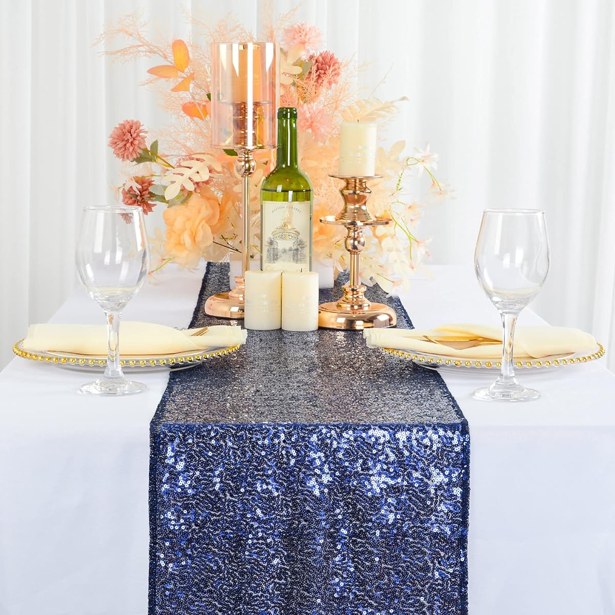(10, Navy Blue) - ShinyBeauty Navy Blue Table Runner 30cm x 270cm Sequin Table Runners Pack Of 10 Navy Party Decorations