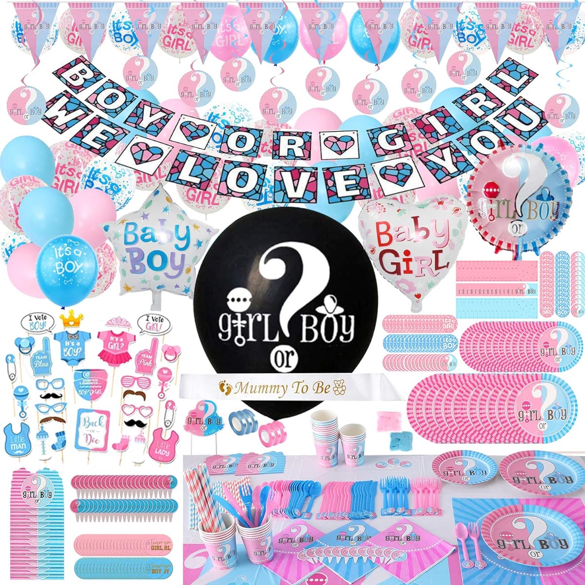 Gender Reveal Party Supplies & Tableware Set - (563 Pieces) Complete Gender Reveal Decorations, Tableware for 24 Guests, 36" Announcement Balloons, Banner, Triangle Flag Banner, Balloons, Team Stickers, Ta