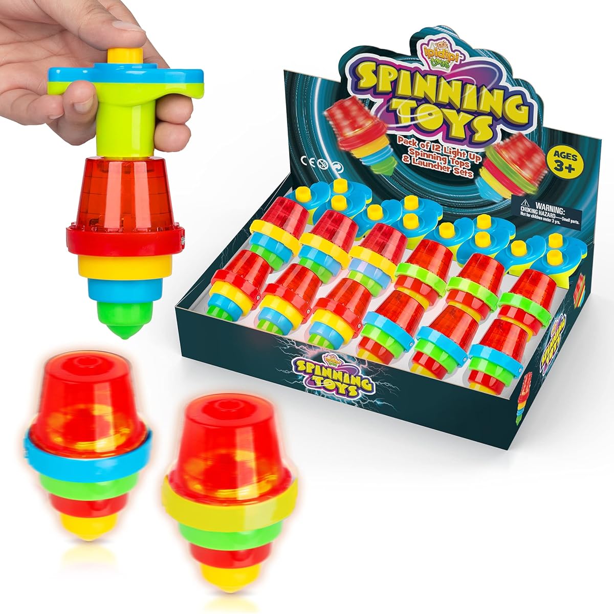 Ipidipi Toys UFO Light Up Spinner Tops - Spinning Light Up Toy Party Favor for Boys & Girls - Birthday Party Gifts for Kids & Fun Stocking Stuffers (Red, 12-Pack)