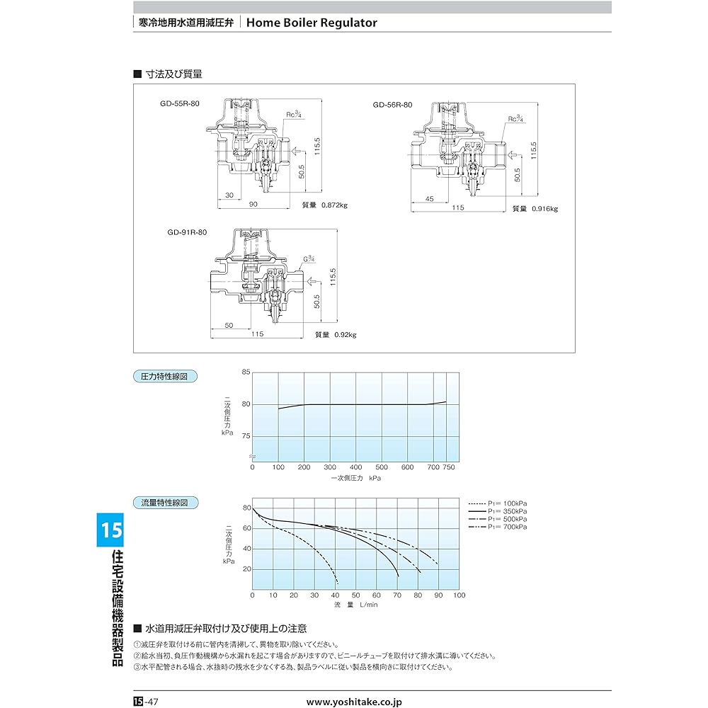 Yoshitake water pressure reducing valve for cold regions Standard setting pressure 80KPa Screw connection Connection port size 20A Main body CAC Maximum temperature 60℃ Model GD-56R-80 20A