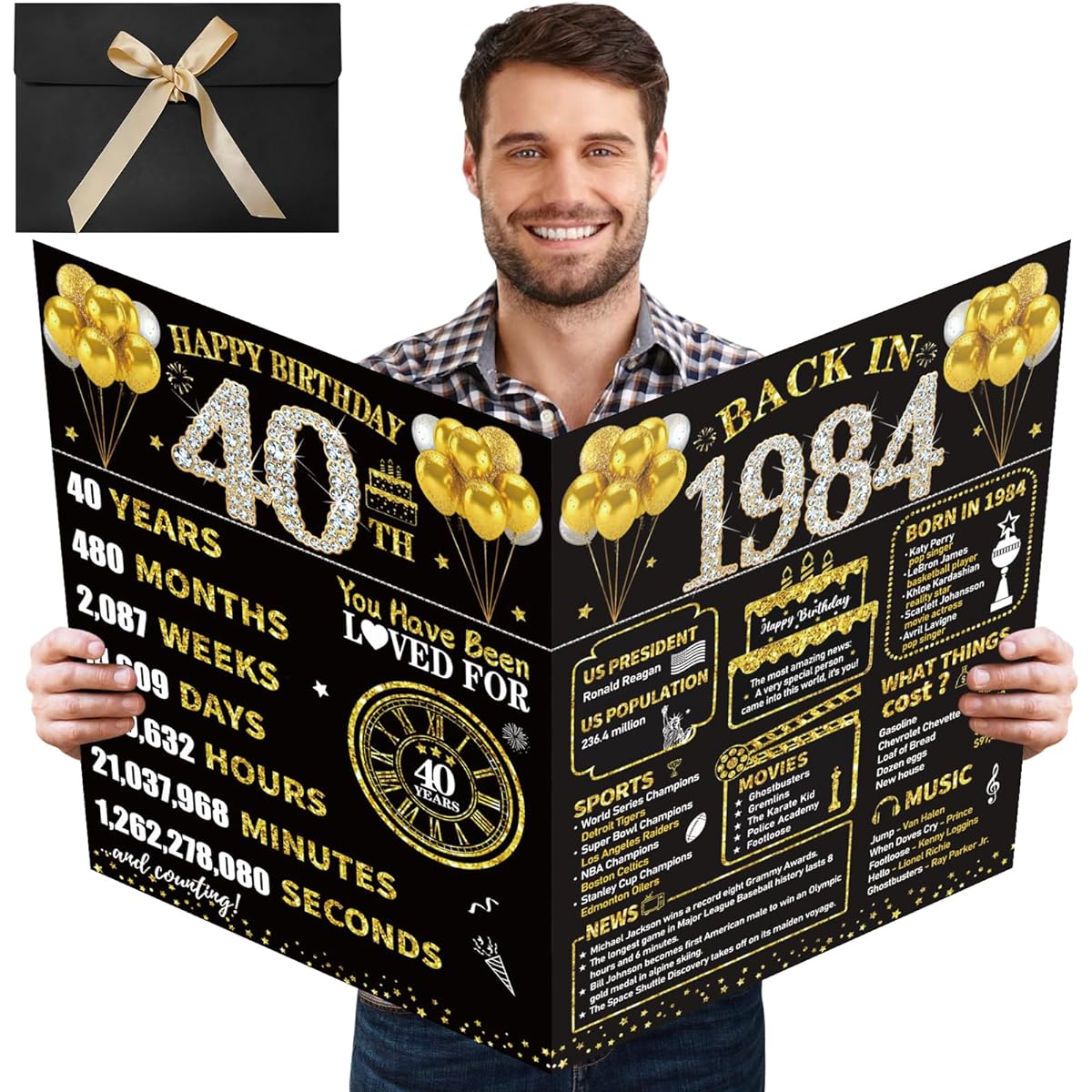 Kuxriox Large 40th Birthday Card with Envelope Black Gold Happy 40th Birthday Giant Guestbook Gift for Men and Women Giant Forty Birthday Card Gift Party Supplies Back in 1984 Jumbo 40 Birthday Card