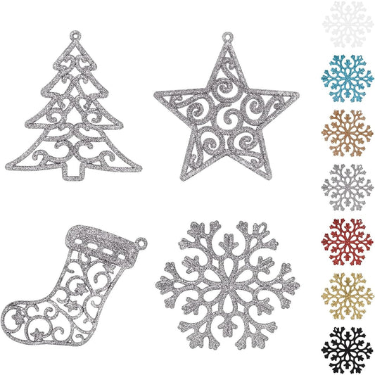 SY Super Bang 4" Silver Christmas Glitter Ornaments 40pcs Hanging Snowflake Christmas Tree Ornaments for Christmas Party Holiday Wedding Home Decorations