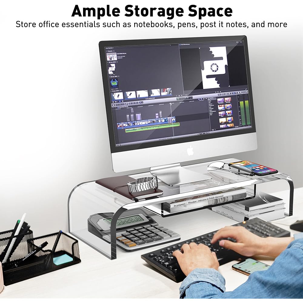 DeskLogics Computer Acrylic Monitor Stand Storage with Riser - Large Size Single Clear PC Desktop Monitor Holder for Desk, Keyboard Storage, Laptop, TV Screen, Home, Office, Gift Idea