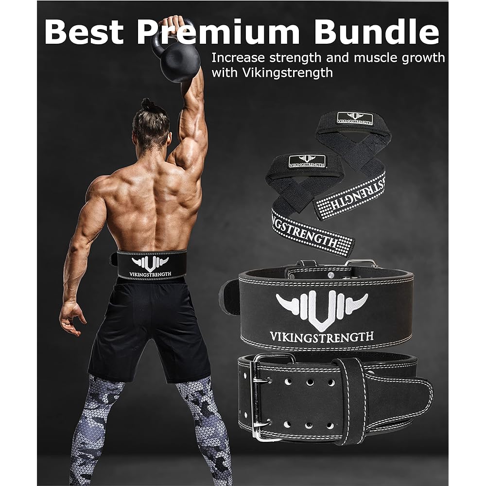 Vikingstrength Premium Weight Lifting Belt with Lifting Straps, Gym Weight Lifting Belt for Men and Women, Perfect for Squats, Powerlifting, Crossfit, Deadlifting M-4XL + V Strength Workout App