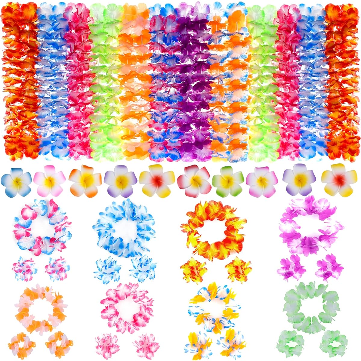 GINMIC Hawaiian Leisure Luau Party Decorations, 64pcs Tropical Hawaiian Party Necklaces Hawaiian Plumeria Flower Hair Clips Headbands Wristbands for Kids or Adults Luau Party Supplies Summer Beach Vacation Theme Party Decorations Birthday Wedding
