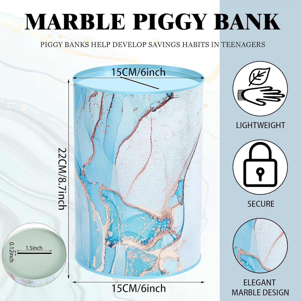 Marble Metal Piggy Bank 8.7" Tall 3pcs Piggy Bank Break to Open Save Money Tin Can Bank Kids Money Bank for Adults Kids Piggy Bank Coins Dollar Bills Currency Notes Random Color