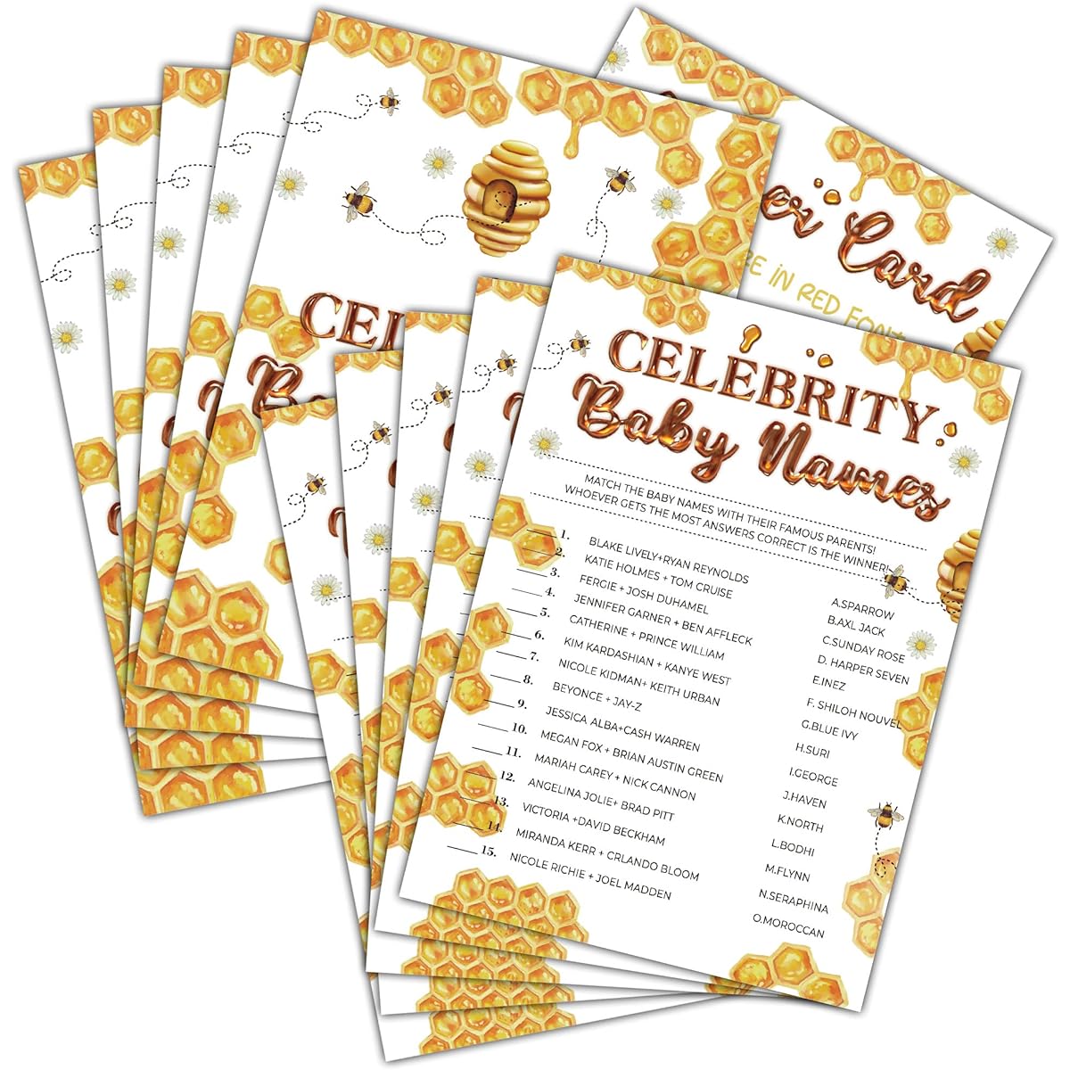 Baby Shower Games - Celebrity Baby Name Game Cards for Gender Reveal Party - Bumblebee Baby Shower Games & Activities - Honeycomb Party Favors Decorations - 30 Game Cards & 1 Answer Card (F05)