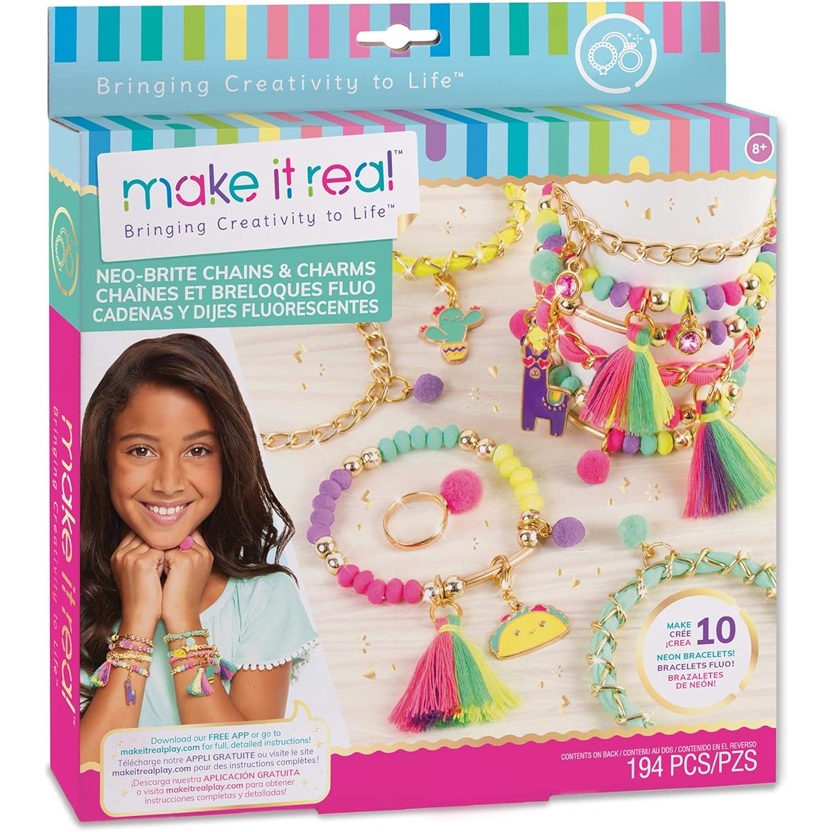 Make It Real - Neo-Brite Chains and Charms. DIY Gold Chain Charm Bracelet Making Kit for Girls. Art and craft kit to create unique tween bracelets with neon beads, unique pom pom charms and gold chains.
